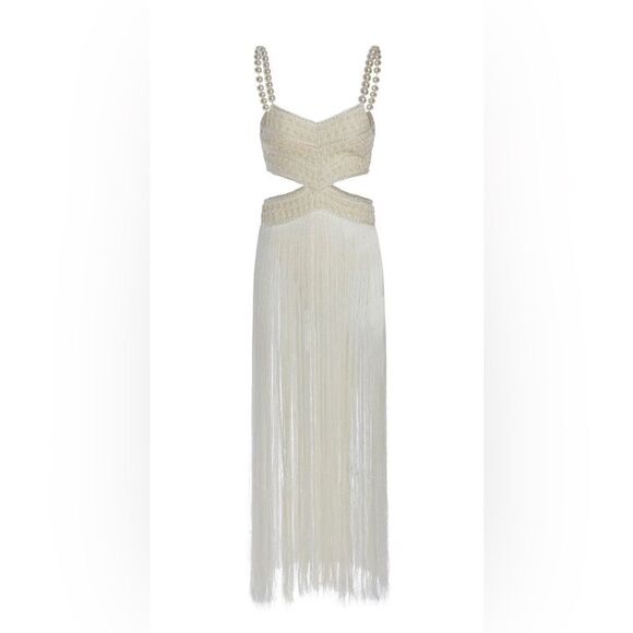 PATBO Fringe Maxi Dress with Pearl Beaded Straps. Ivory. Size 2. Brand New. - Picture 1 of 9